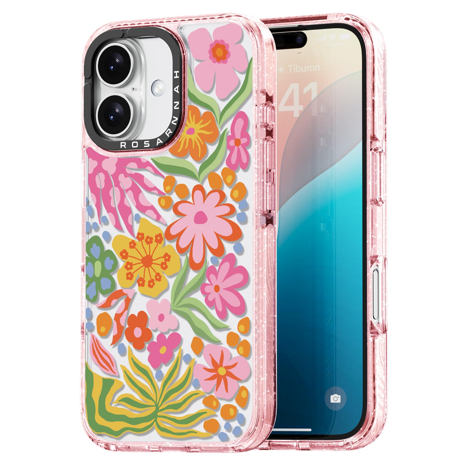 Photo 1 of Rosarnnah Compatible for iPhone 16 Case Cute - Durable Shockproof 6.6 ft Drop Impact Phone Case - Glitter Pink Funny Passion Flower Design for iPhone 16 6.1"