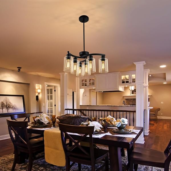 CNRATYE 6-LIGHT MODERN FARMHOUSE BLACK CHANDELIER, CONTEMPORARY DINING ROOM LIGHT FIXTURE, ADJUSTABLE HEIGHT HANGING INDUSTRIAL PENDANT LIGHTS KITCHEN ISLAND, CLEAR GLASS SHADE