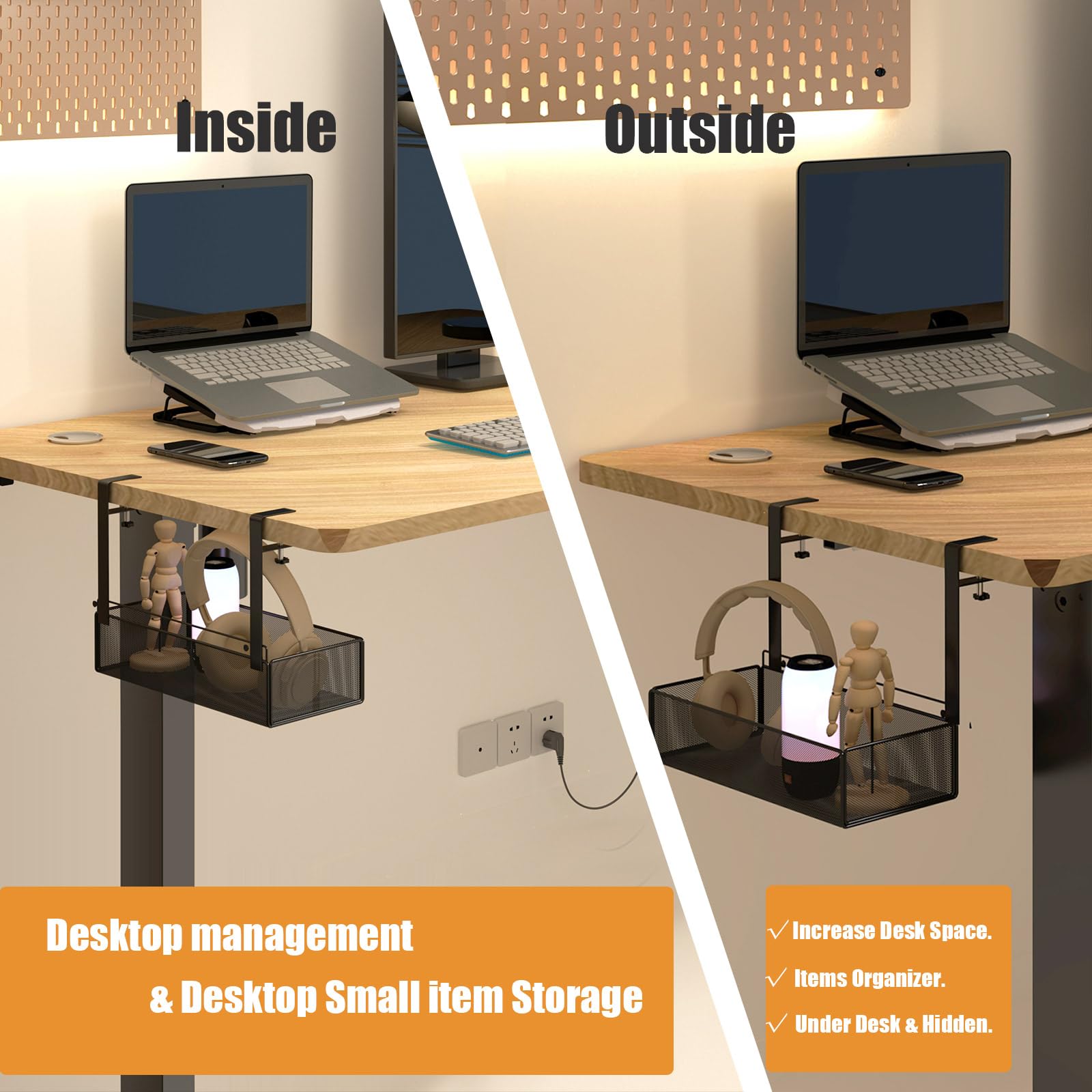 orbixa Under Desk Storage Organizer Clamp-On,Mesh Metal 3-IN-1 desk side storage- Use on desk,under desk or as a hanging wall organizer for office supplies & home essentials (black color)