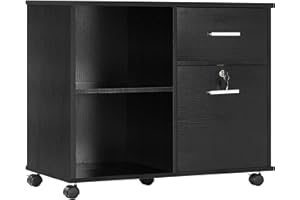 Vinsetto Lateral Filing Cabinet with Wheels, Locking File Cabinet, Mobile Printer Stand with Open Shelves and Drawers for A4 