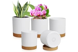 WSMKSZ 5 Pack Cylindrical Flower Pots with 7/6.5/6/5/4 inch, Modern Small Plastic Plant Pots with Drainage Holes & Saucers, Round Planter Pots for Outdoor, Indoor & Office Decor (White Brown)