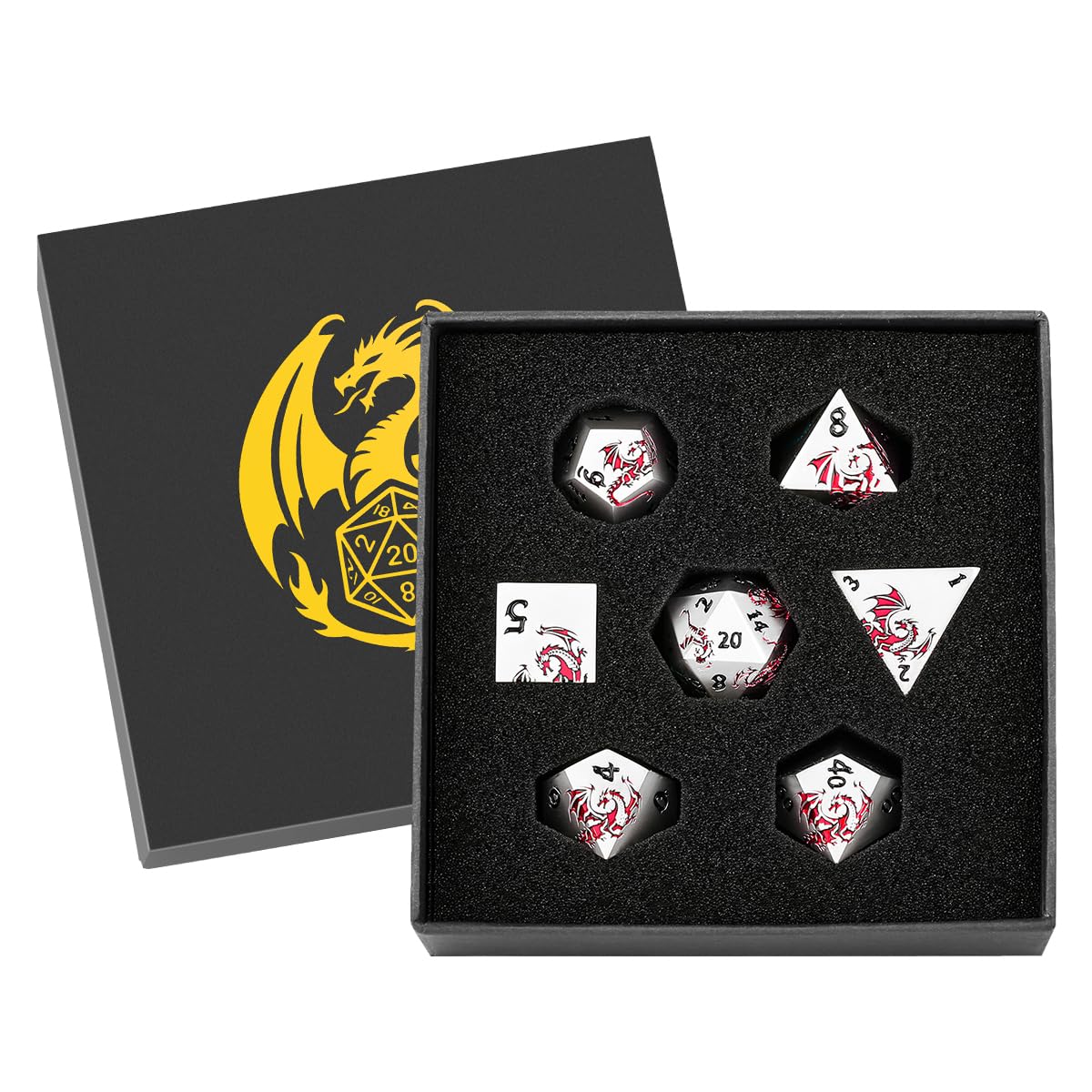 Metal Dice Set, Flat Face White Red Dragon Pattern, 7pcs Polyhedral Metal DND Dice Set, DND Starter Set, D&D Gifts with Gift Box, Role Playing Board Games Accessories, White