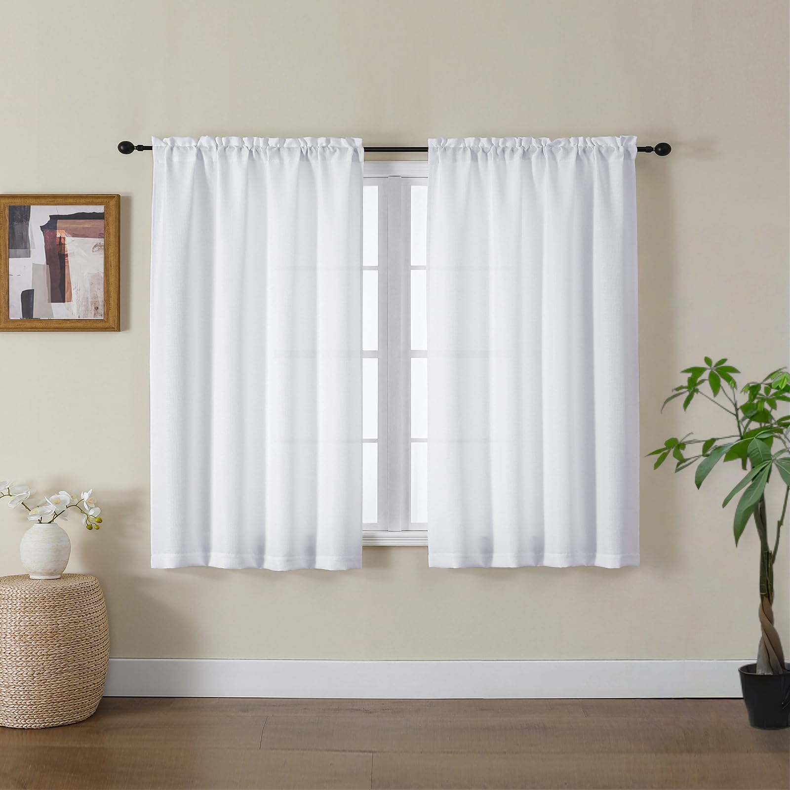 Gwine White Curtains for Bedroom 45 Inch Length, Light Filtering Faux Linen Textured Short Curtains for Living Room Kitchen Window, Elegant Airy Soft Rod Pocket Curtain, Each 30" Wx45 L, 2PCS