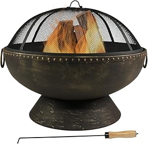 Sunnydaze Outdoor Fire Pit Bowl - 30 Inch Large Round Wood Burning Patio & Backyard Firepit for Outside with Spark Screen, Fireplace Poker, and Metal Grate