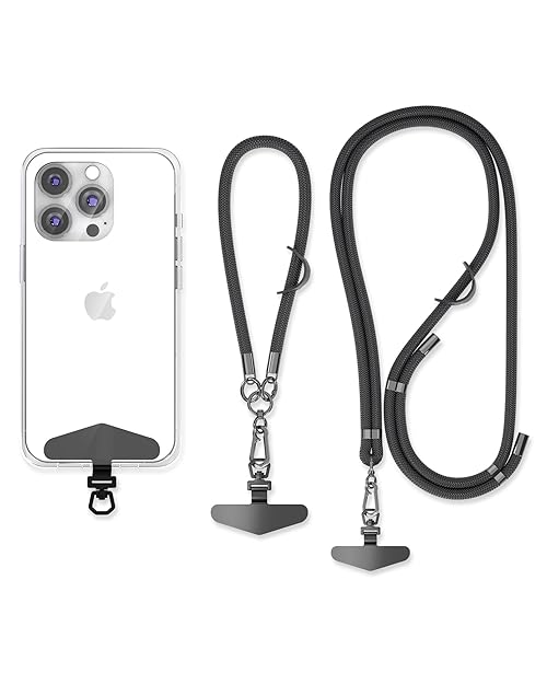 2-Pack Phone Lanyard | Crossbody Strap & Wrist Strap with 2 Metal Tabs | 8mm Thick | Adjustable Cell Phone Neck Lanyard for iPhone Samsung | Anti-Theft Design | Black
