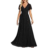 Ever-Pretty Women's V Neck Glitter Pleated Short Sleeves Floor Length A Line Formal Evening Dresses