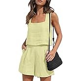 MINTLIMIT Women Linen Shorts Sets 2 Piece Sleeveless Crop Tank Tops High Waist Lounge Shorts Loose Summer Outfitts
