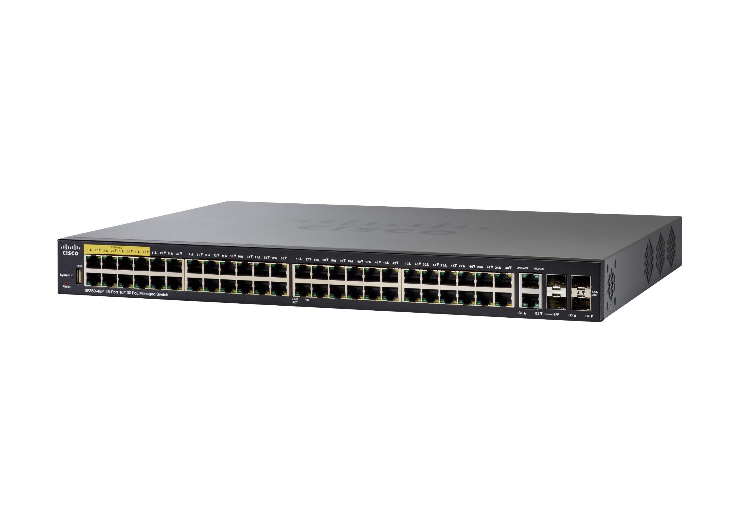 Cisco SF350-48P Managed Switch, 48 10/100 Ports, 382W PoE, 4 Gigabit Ethernet (GbE) Combo SFP, Limited Lifetime Protection (SF350-48P-K9-UK)