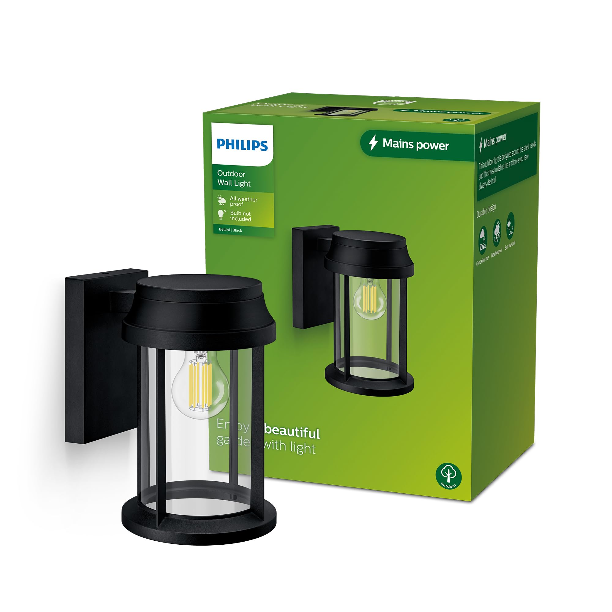 Philips Lighting Bellini Outdoor Wall Light, Round, Without Bulb, Black, max. 25W, IP44 Weatherproof