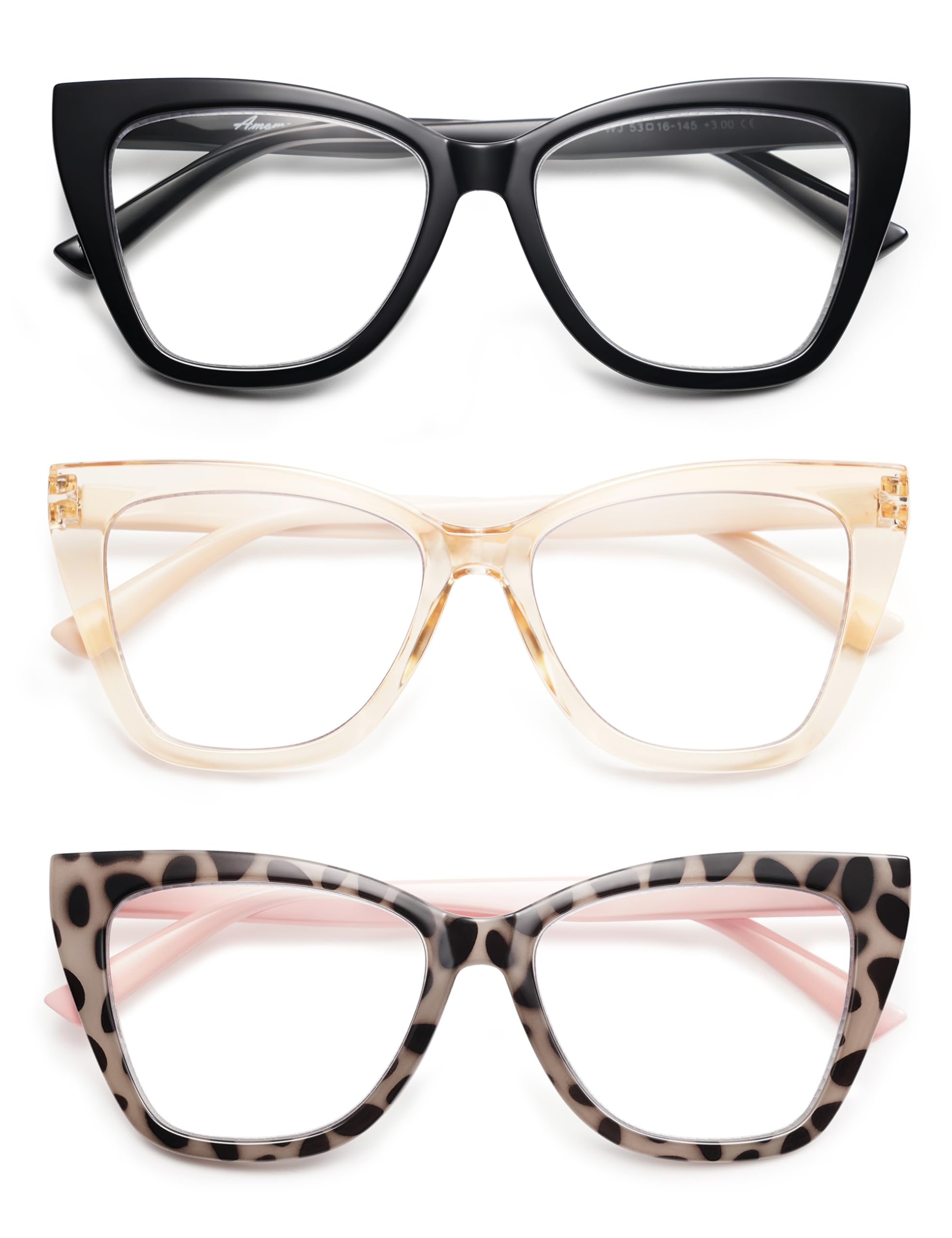 Photo 1 of 3-Pack Oversized Reading Glasses Cat Eye For Women Stylish Ladies Designer Reader Eyewear AM6129 (+0.00 C1+C2+C5)