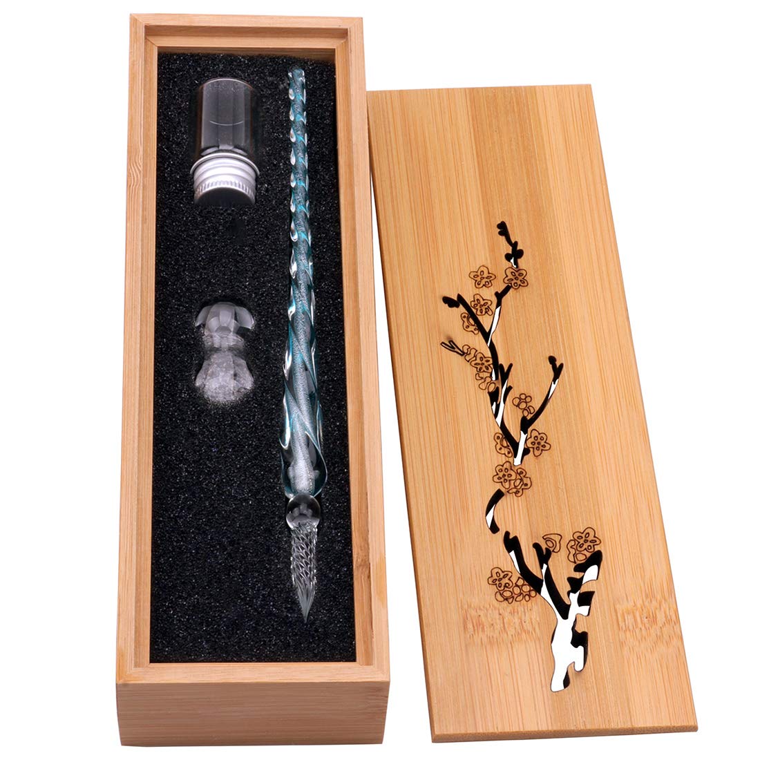 HSTYAIG Glass Dip Pen Vintage Handmade Glass Signature Pen Elegant Crystal Dip Sign Gift Pen With Carved Wooden Box (Light Blue)