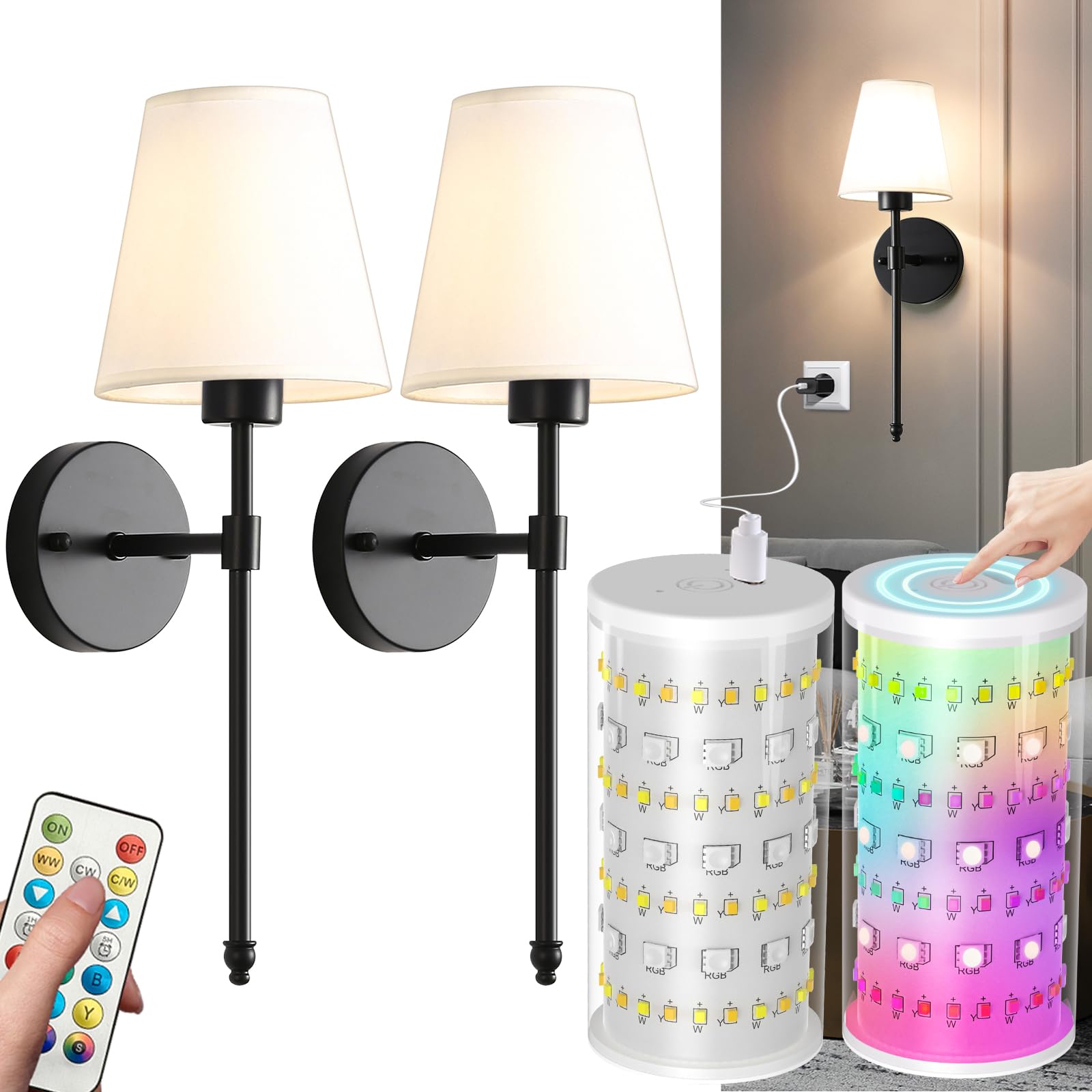 Photo 1 of HIFCTRN Wireless Wall Sconces Set of Two Battery Operated, Rechargeable Wall Lamp with 10000 mAh Dimmable Bulb & Remote, 10 Colors Wall Lights for Bedroom Living Room Hallway Wall Decor