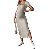 SHENHE Women's Maternity Dress Square Neck Short Sleeve Ribbed Bodycon Slit Dress Pregnancy