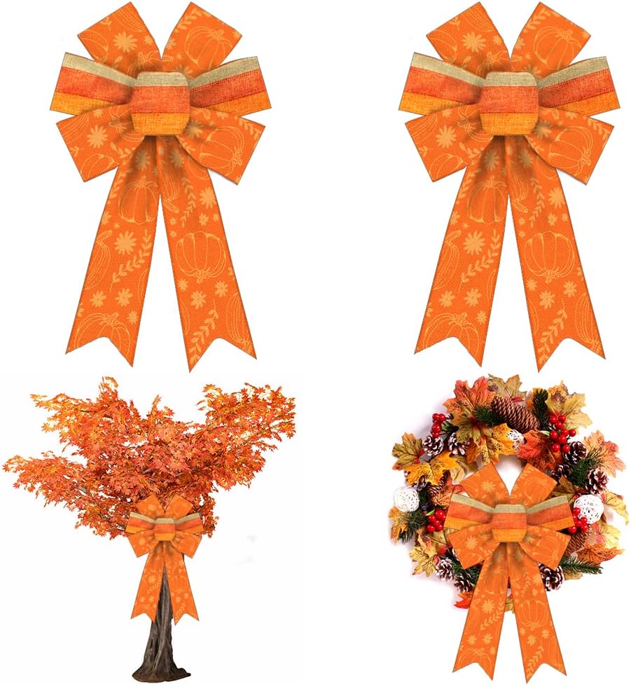 Bows & Ribbons - 2PCS Fall Bow for Wreath, Burlap Flower Pumpkin Wreath Bow for Fall Décor Orange Bow for Front Door Indoor Outdoor Wall Tree Topper Decoration Supplies Autumn Thanksgiving Ornament