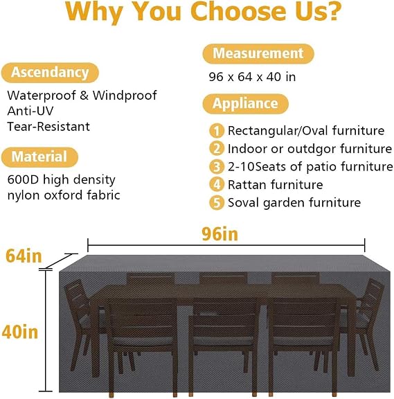 Amazon Com Tvird Patio Furniture Covers 96 X 64 X 40 Outdoor Furniture Covers Made Of 600d Heavy Duty Oxford Fabric Windproof Waterproof Rain Snow Dust Wind Proof Anti Uv Fits For 8 To 10