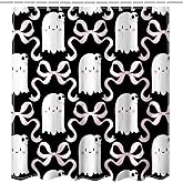 Mocsicka Black Halloween Shower Curtain for Bathroom, Cute Bow Skull Ghost Shower Curtain for Kids Halloween Bathroom Decor Waterproof Fabric Bath Curtain with 12 Hooks, 72 X 72 Inch