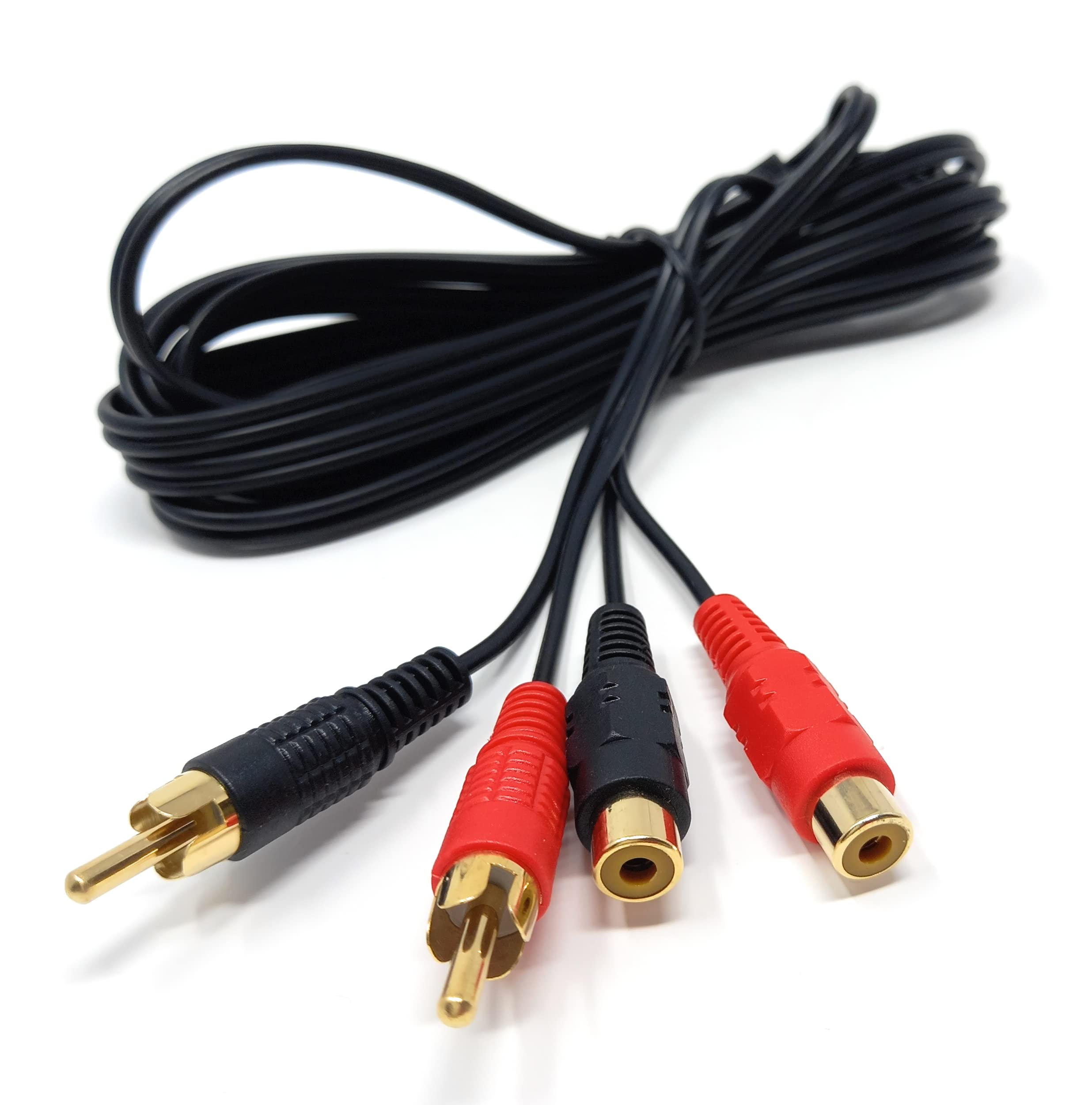 DRUT 2m Twin 2 x RCA to RCA Phono Audio Extension Lead Male to Female Cable 6.5ft, Black Gold Connectors