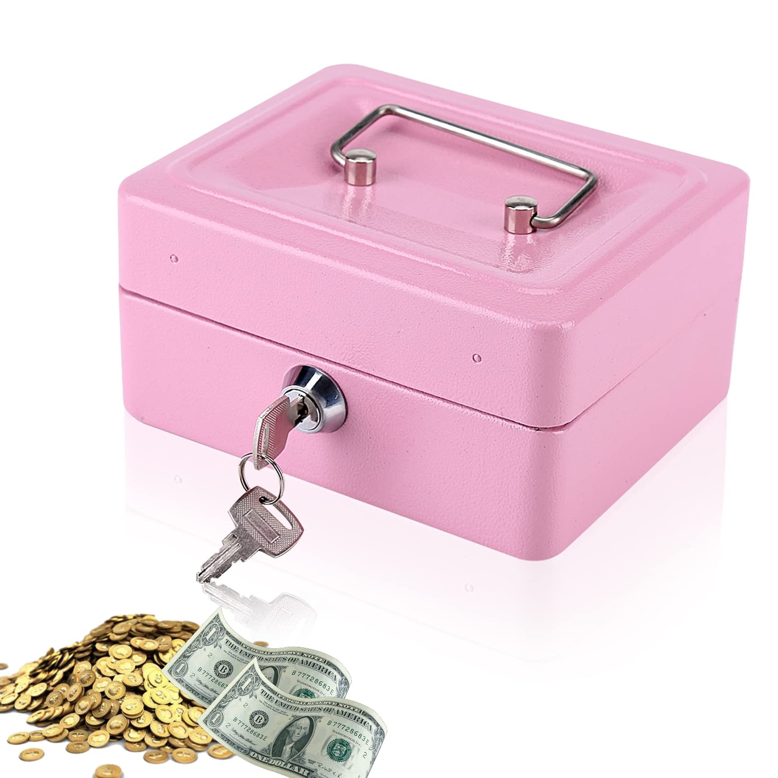 Cash Box and Banknotes, Secure Key Box Metal Small Double Layer Safe with 6 Compartments with 2 Keys, 15 x 12 x 7.5 cm