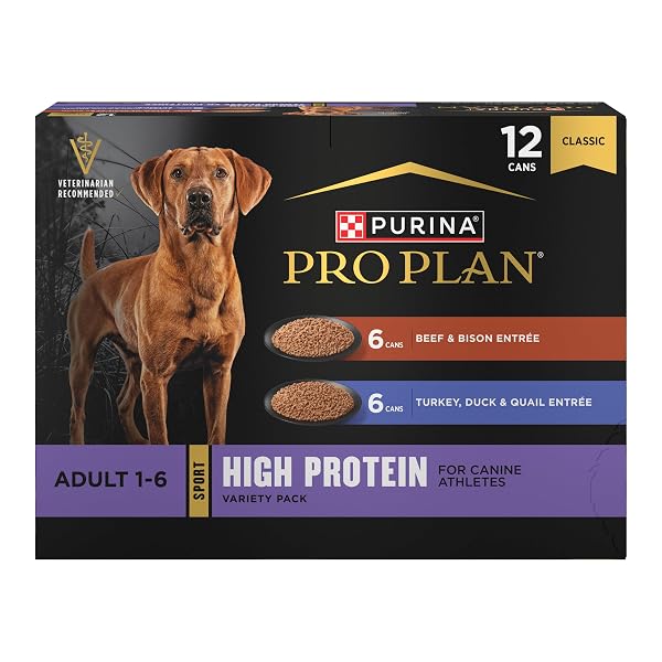 PURINA PRO PLAN SPORT HIGH PROTEIN WET DOG FOOD, BEEF AND BISON ENTRÉE AND TURKEY, DUCK AND QUAIL ENTRÉE VARIETY PACK – (PACK OF 12) 13 OZ. CANS
