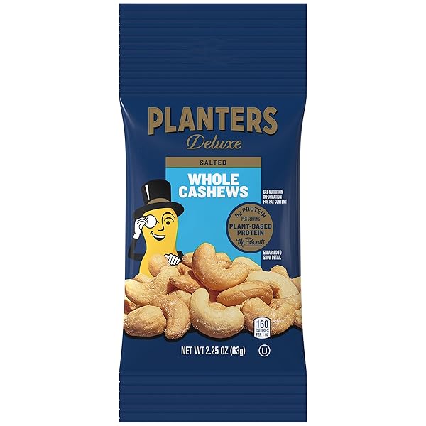 PLANTERS DELUXE CASHEWS, PARTY SNACKS, PLANT-BASED PROTEIN, 2.25 OZ BAG (12 PACK)