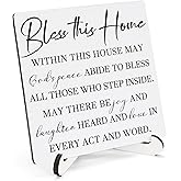 HSIASHENG Bless This Home Housewarming Wooden Decor 5"X5", Bless This Home Wooden Desk Table Stand Sign, Christian House Warming Decorative Gifts for Man Woman Couple