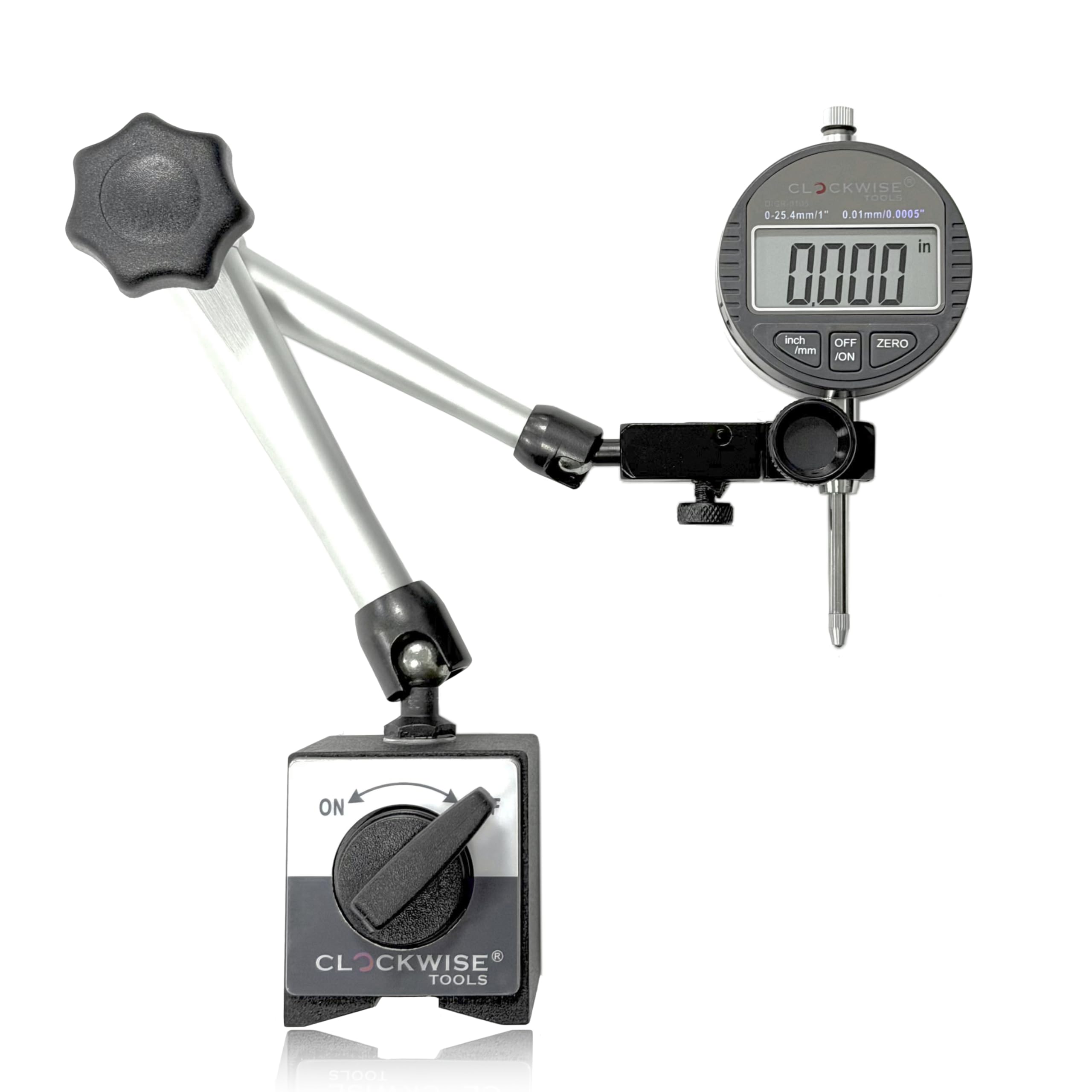 Photo 1 of Clockwise Tools Digital Indicator with Magnetic Base Holder Stand, DIBR-0105 0-1 Inch/25.4mm, Inch/Metric Conversion, Auto Off