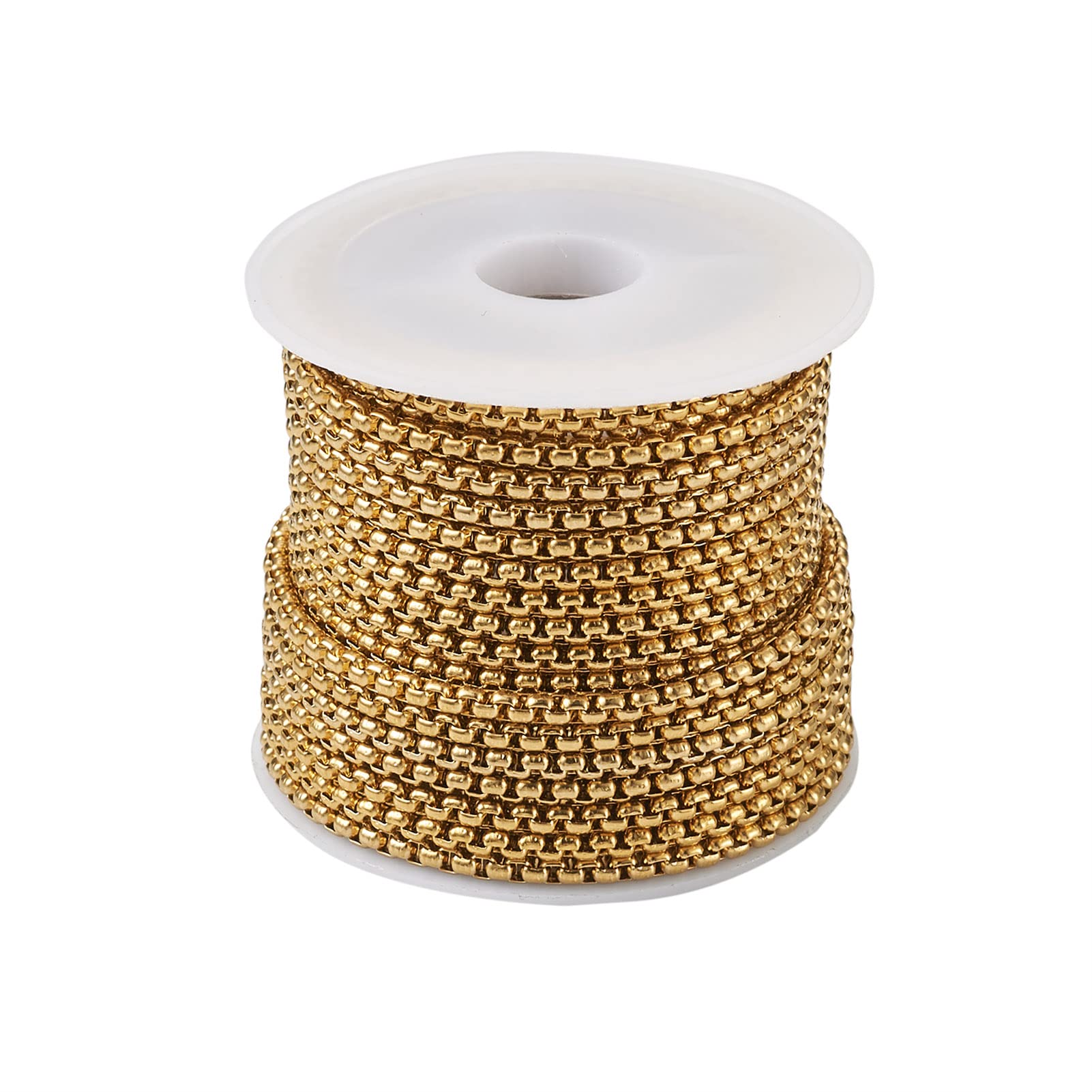 Pandahall 16.4 Feet/5M 304 Stainless Steel Curb Box Chain 2.5x2.5x1.2mm Golden Unwelded Cable Chains Links with Spool for DIY Bracelet Earring Jewelry Crafts Making