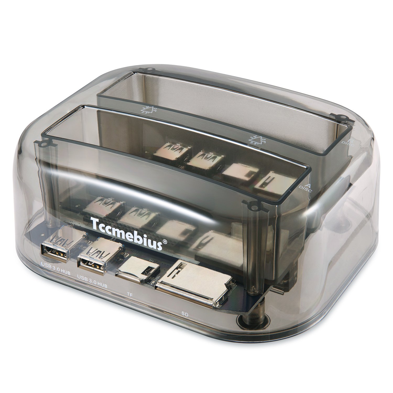 Hard Drive Docking Station, Tccmebius TCC-S865-UK USB 3.0 to SATA IDE Dual Slots External Transparent HDD Reader With Card Reader and 2 Ports USB 3.0 Hub For 2.5 3.5 Inch IDE SATA I/II/III HDD SSD