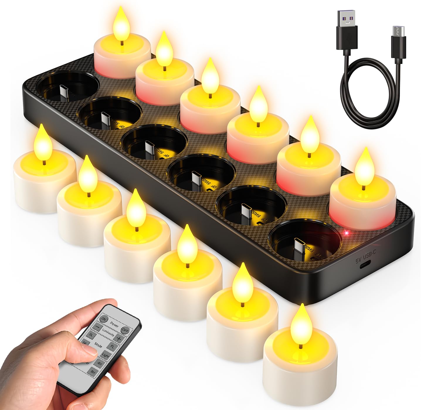 Photo 1 of SoulBay Flameless Candles with Remote Control Timer & Charging Base, 12pcs USB Rechargeable Battery LED Tea Lights Candles Small Votive for Lantern Pool Mantle Weddings Emergency Christmas Decorative