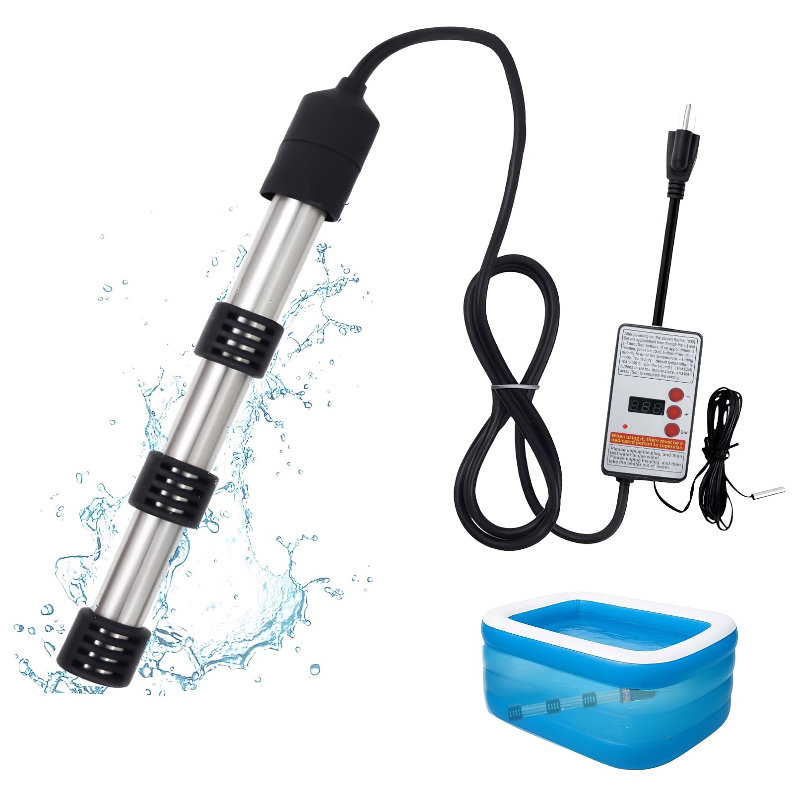 Photo 1 of 2000W Immersion Water Heater, Portable Bucket Heaters with Stainless-Steel Guard, Thermostat & Digital LCD Thermometer, Submersible Water Heater for Pool, Bathtubs, Camping, Heats 5 Gallons in Minutes