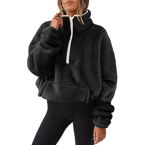 Sherpa Jacket Women Quarter Zip Cropped Fleece Fuzzy Fashion Faux