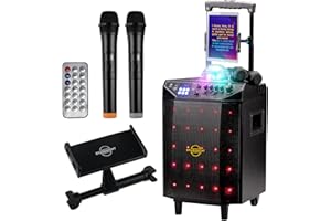 Starument Portable Karaoke Machine for Adults & Kids Complete Karaoke System Includes Bluetooth Speakers on Wheels, 2 Bluetooth Microphones, Disco Ball, LED Speaker Light, Cell Phone Stand & USB Aux