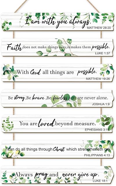 HPNIUB Bible Verse Wood Sign Green Leaves 7-Pack 28x4.3cm Rustic Christian Wall
