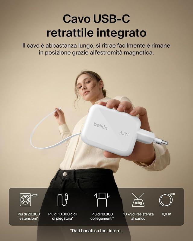 UltraCharge Caricatore USB C da 45W con Cavo USB-C Retrattile da 0,8m e Porta USBC, Carica Batterie Cellulare Rapido per iPhone 17/16 Series, Galaxy S26 Series, AirPods, Tablet, MacBook, Laptop
