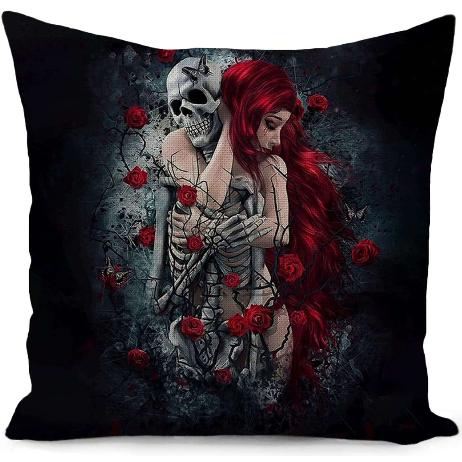 HUASHUZI Skull Gothic Cushion Cover Sugar Skeleton Decorations Rose Girl Black Throw Pillow Cover Case Double-sided Design Home Decor for Livingroom Couch Sofa Gifts 18"x18"(45x45cm)