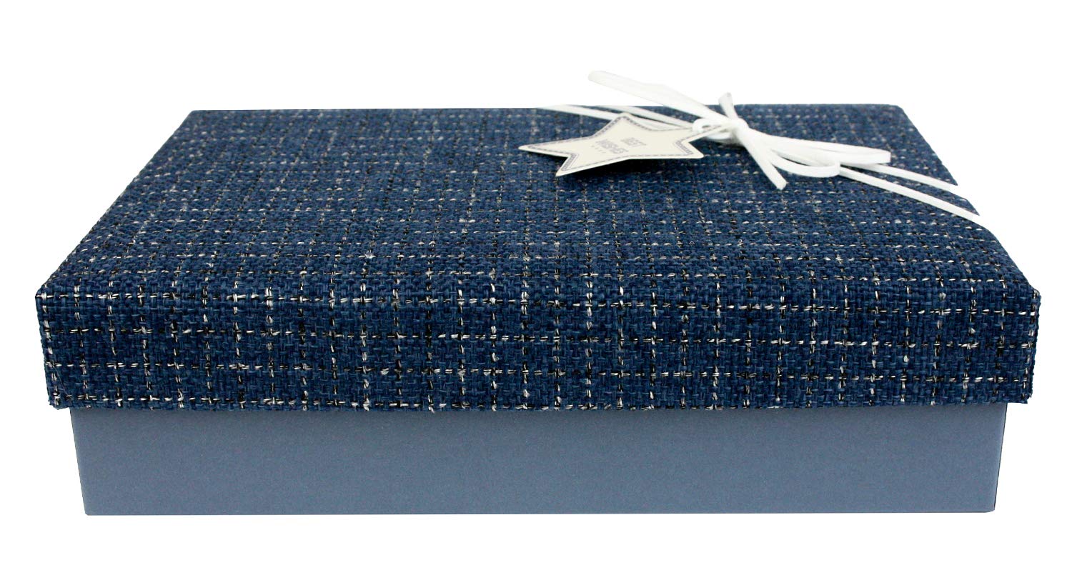 Emartbuy Rigid Gift Box, 29 x 21 x 9 cm, Blue Box with Textured Fabric Blue Lid, Suede Decorative Ribbon and 50g Shredded Paper in Black