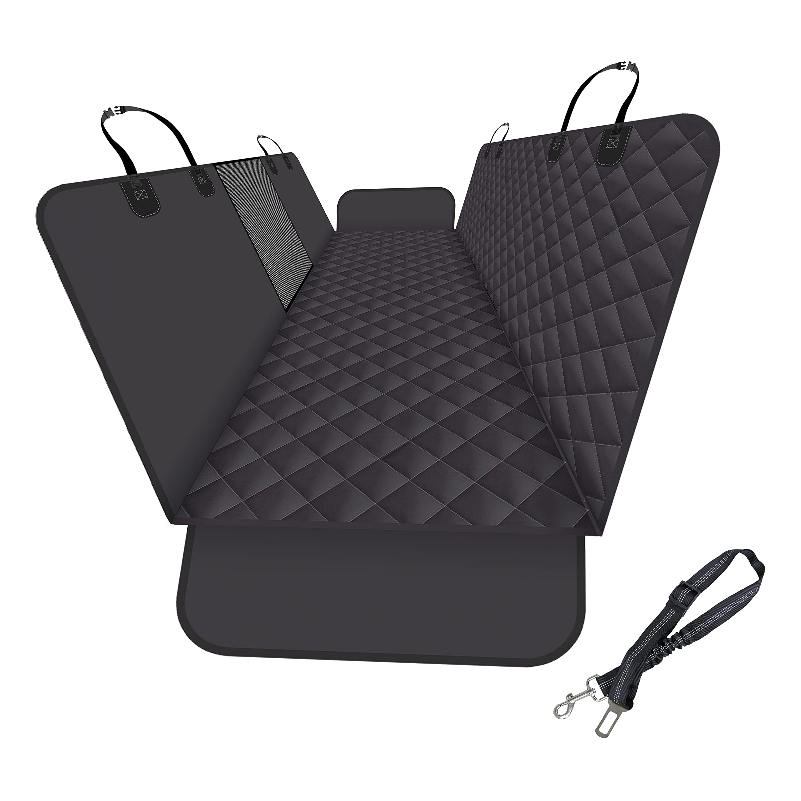 GXT Dog Back Seat Cover for Car SUV and Truck with Mesh Windows, Scratch and Water Resistant Material, Upgraded Version, Black (with Dog Leash)