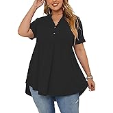 PLOKNRD Women's Plus Size Tops Short Sleeve Henley V Neck Button Up Flowy T Shirts Tunic Loose Blouses