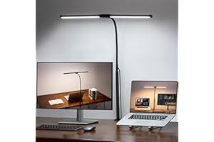 Voncerus LED Desk Lamp for Home Office, Double Head Architect Light with Clamp, Computer Monitor Clip on Light, 3 Modes and 10 Brightness, Adjustable Flexible Goose-Neck, Table Task Lamp, Black