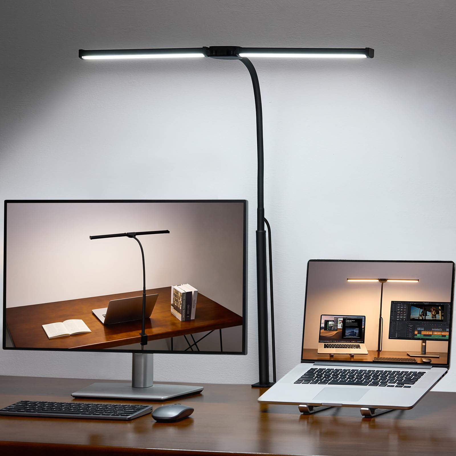 Photo 1 of Voncerus LED Desk Lamp for Home Office, Double Head Architect Light with Clamp, Computer Monitor Clip on Light, 3 Modes and 10 Brightness, Adjustable Flexible Goose-Neck, Table Task Lamp, Black