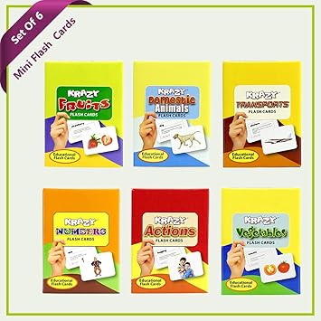 Krazy Domestic Animals, Transports, Vegetables, Fruits, Numbers and Actions Flash Cards (Multicolour) - Set of 6
