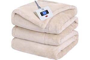 Sealy Electric Blanket Twin Size, Flannel Heated Blanket with 10 Heating Levels & 1-12 Hours Auto Shut Off, Fast Heating Warm Blanket, Machine Washable, Beige, 62 x 84 Inch