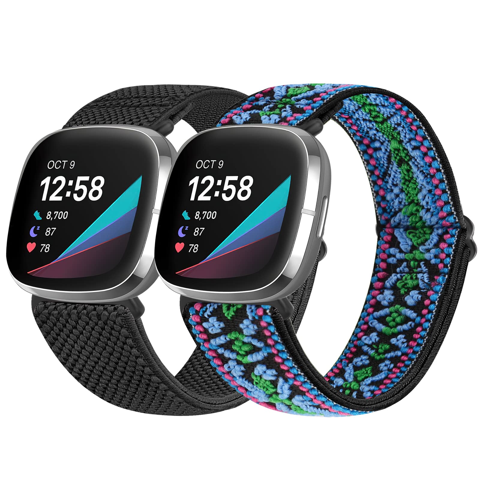 Vodtian Elastic Nylon Loop Straps Compatible with Fitbit Sense 2/Fitbit Sense/Fitbit Versa 4/Fitbit Versa 3 Strap, Adjustable Soft Stretchy Sport Braided Replacement Wristband for Men Women, 2 Pack