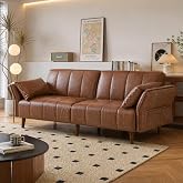 RDHFATL 83" Faux Leather Futon Couch,Mid Century Modern Leather Sofa, Brown | Adjustable Backrest &amp; Armrests, Storage Pocket,Wooden &amp; Steel Frame,Pillows, Futon Sofa Bed for Living Room,Apartment,Office