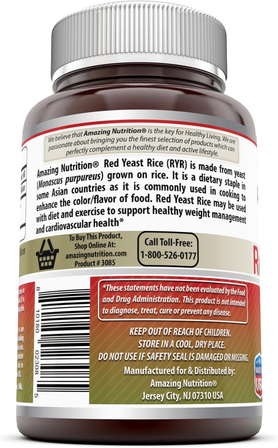 Amazing Nutrition Red Yeast Rice 1200mg Per Serving Capsules: Health & Personal Care