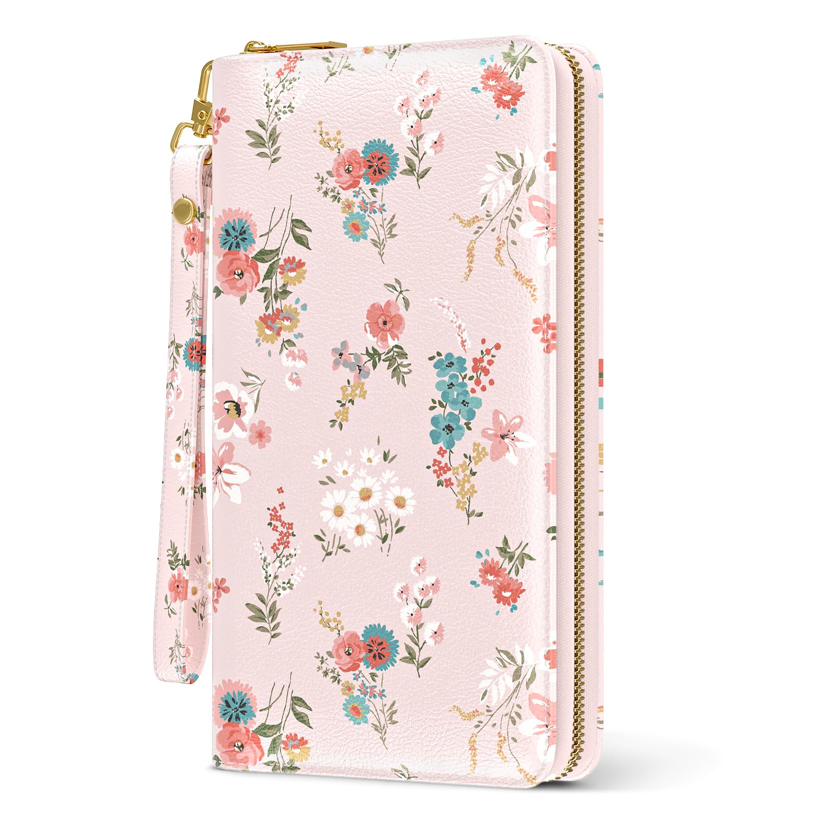 Photo 1 of Nipichsha Womens Wallet, RFID Wristlet Wallet for Women, Cute Ladies Purse, Large Credit Card Clutch Purse, Leather Card Holder Wallets with Zipper & Phone Holder, Pink Flowers