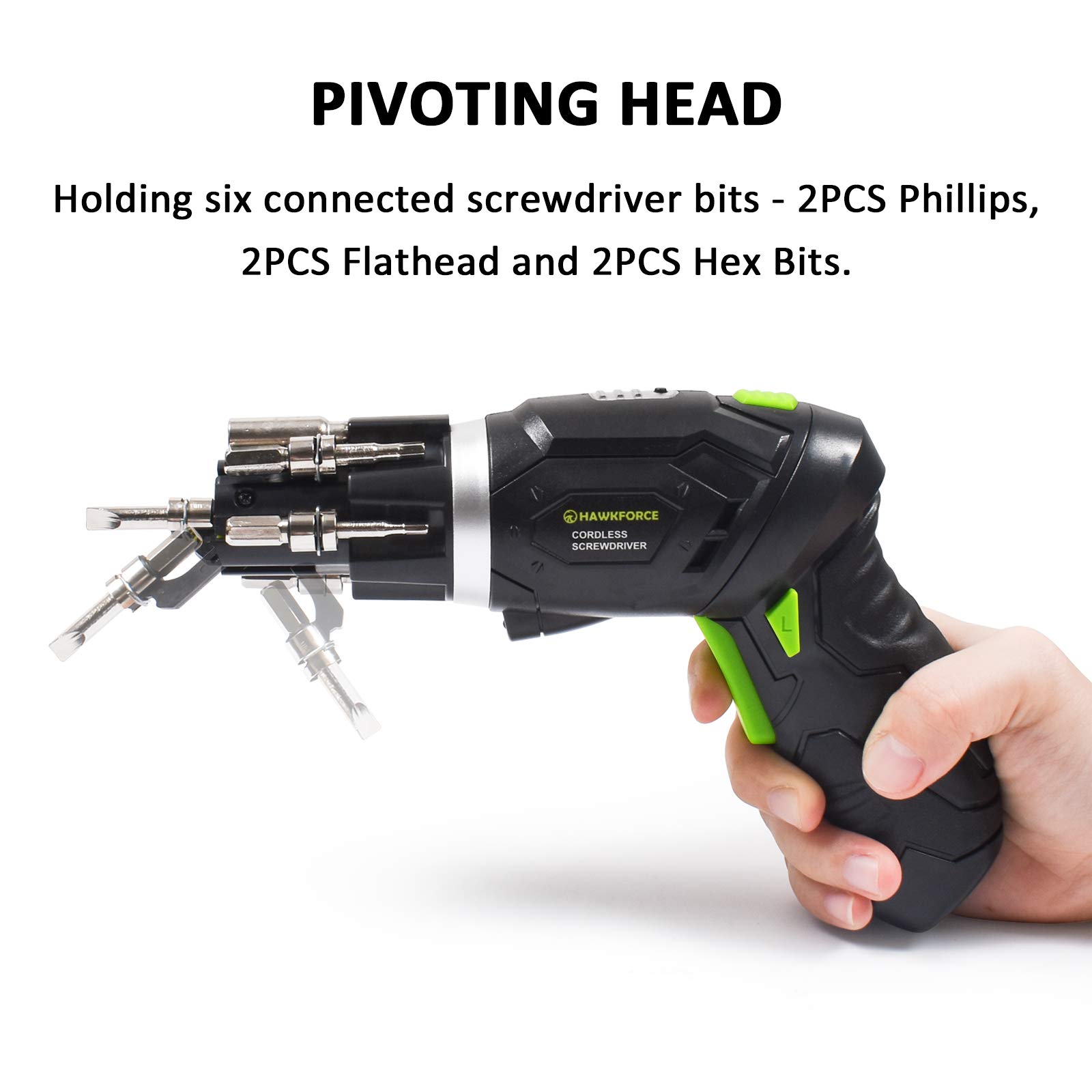 Cordless Screwdriver, HAWKFORCE 3.6V Cordless Rechargeable Screwdriver - Flexible Pivoting Head - Adjustable 2 Position Handle - Front LED Light Power Screwdriver with Bubble Level