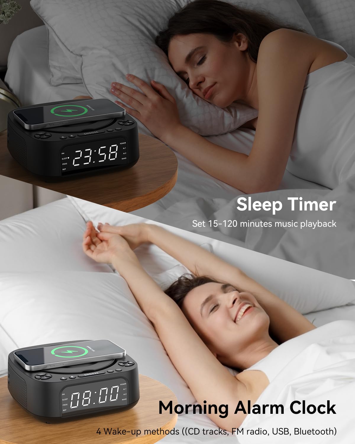 CD Player Portable,MONODEAL CD Players for Home,Desktop Portable CD Player with Bluetooth Speakers,Wireless Charging,Alarm Clock,SleepTimer,Supports CD/Bluetooth/FM Radio/USB Drive/AUX,Remote Control