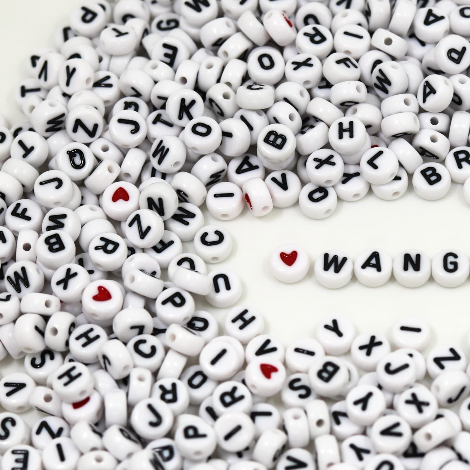 WangLaap 1450Pcs Letter Beads, Acrylic 4x7mm Round Alphabet A-Z and Red Heart Black Star Beads for Bracelets Necklaces DIY Jewelry Making (White)