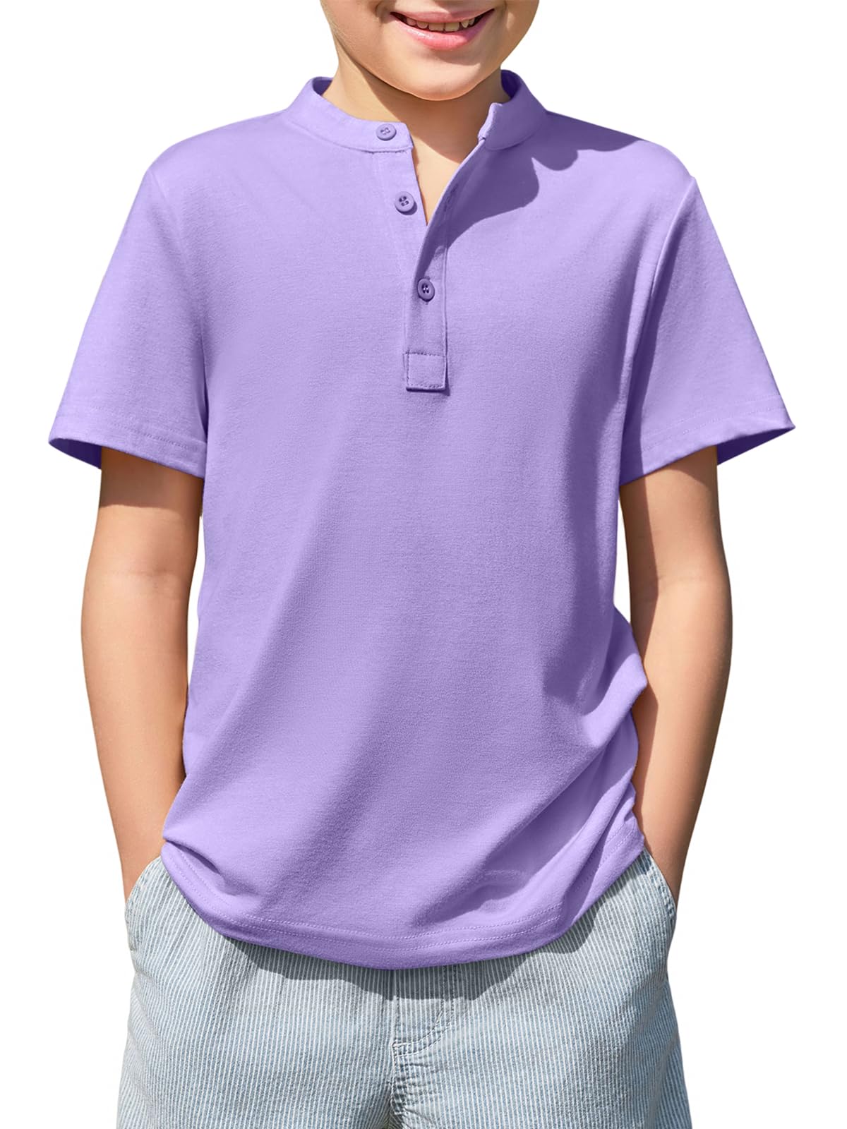 Photo 1 of Haloumoning Boys Short Sleeve Henley Shirt Kids Casual Button Front Summer T-Shirts Tops Tees 5-14 Years Purple